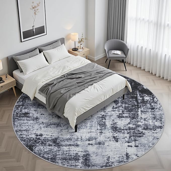 Round Area Rug Living Room: 8 ft Modern Washable Carpet Dark | - Image 2
