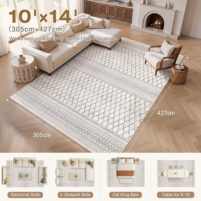 cotiled Boho 10x14 Area Rug for Living Room: Large Moroccan Washable Rug | - Image 7
