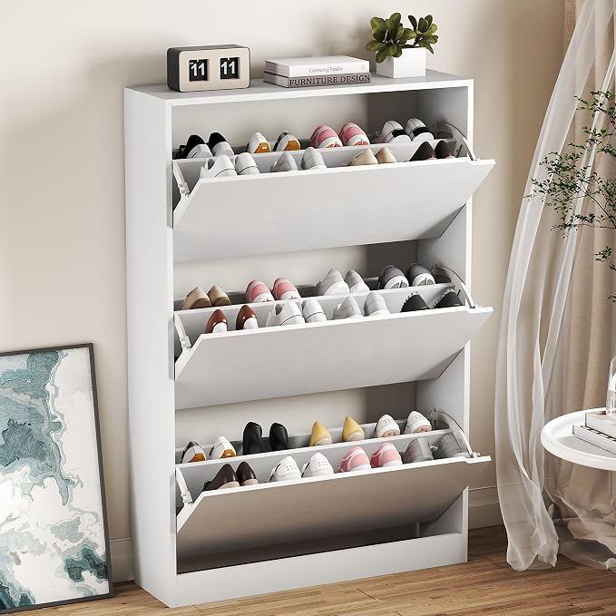 BORNOON Shoe Cabinet with 3 Flip Drawers, Hidden Wood Shoe Cabinet, by BORNOON