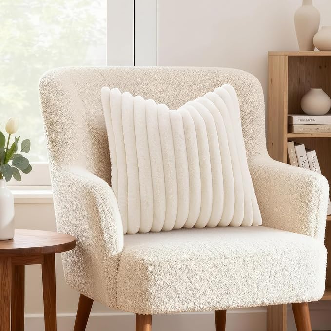 decorUhome Fall Faux Fur Throw Pillow Covers 12x12 Set of 2 Cream White | - Image 2