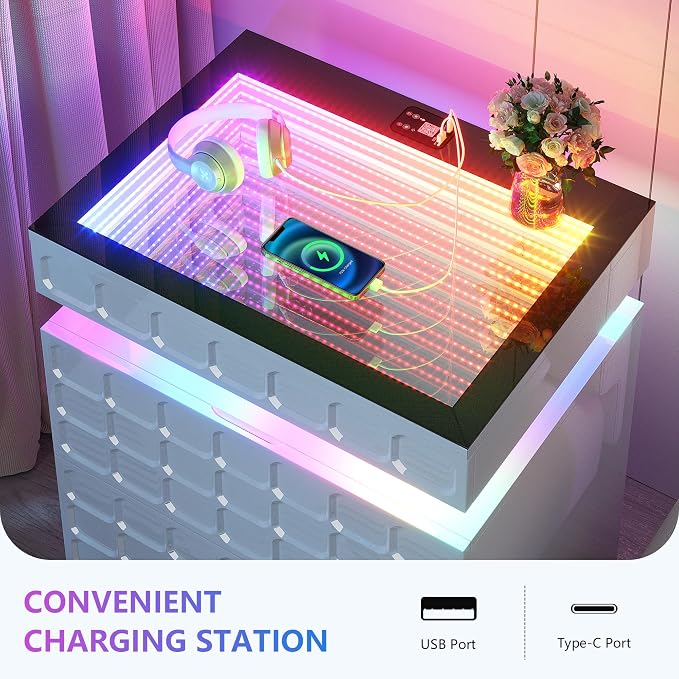 Night Stand with Charging Station and Smart RGB Lights, LED Nightstand with - Image 7