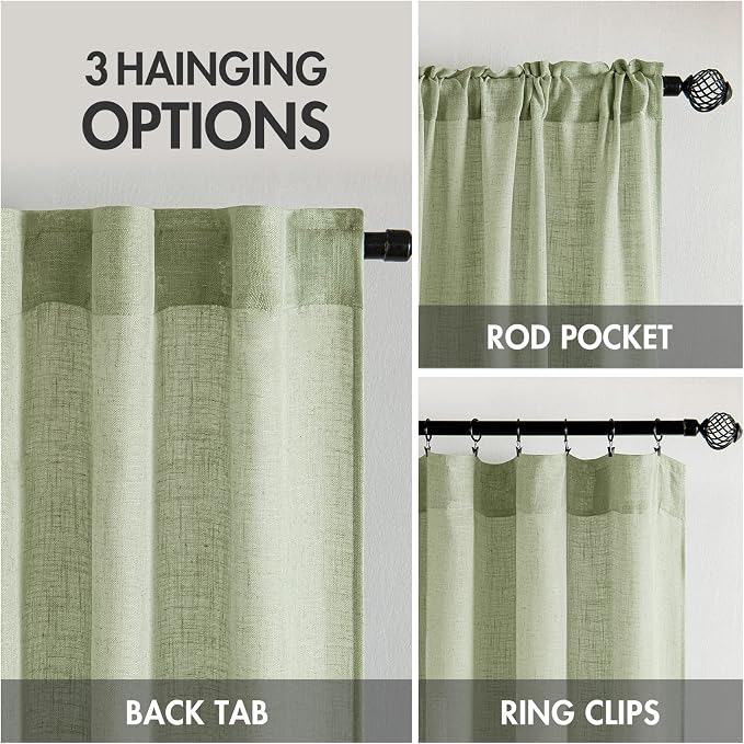MIULEE Sage Green Linen Curtains 37x72 Inch Length 2 Panels | Window Drapes - Image 3