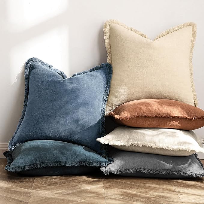 MIULEE Linen Fringe Decorative Euro Throw Pillow Covers Blue Ashes 22x22 | Set - Image 6