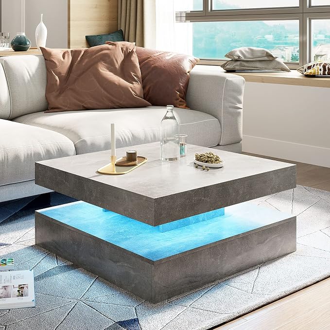 HedoAjim Grey LED Coffee Table for Living Room, Living Room Table 2-Tier Square by HedoAjim