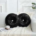 HIG Set of 2 Black Metallic Leather Decorative Round Pleated Throw Pillows | by HIG