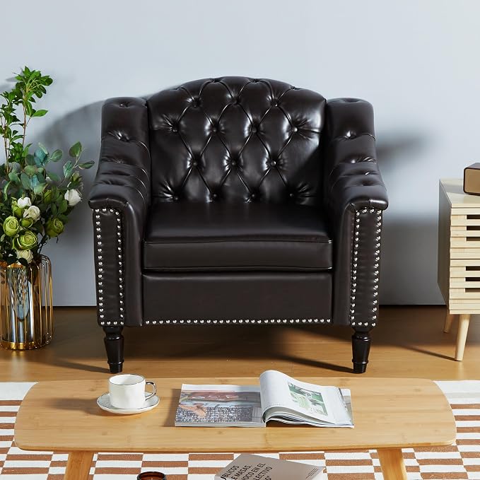 LEVNARY Chesterfield Chair Leather, Upholstered Sofa Chair by LEVNARY