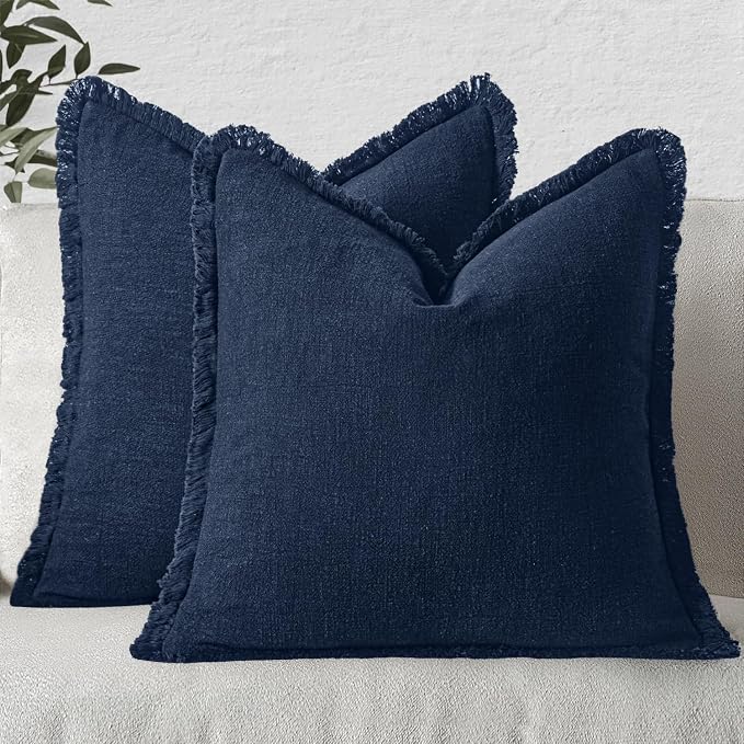 MIULEE Boho Linen Fringe Decorative Throw Pillow Covers Dark Navy 16x16 | Set by MIULEE