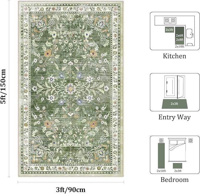 Yamaziot 3x5 Washable Area Rug for Bedroom Floral Carpet Sage Green | Non Slip - Image 2