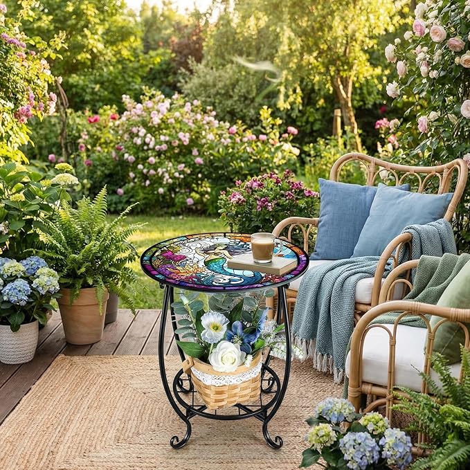 Cinnvoice Outdoor Side Table Round Small Mosaic Patio Accent Indoor End Plant - Image 6