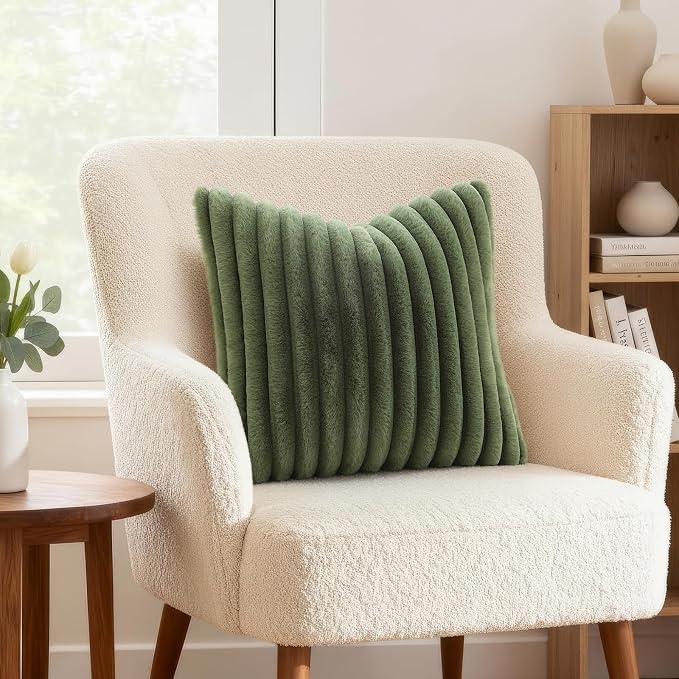 decorUhome Fall Faux Fur Throw Pillow Covers 12x20 Set of 2 Olive Green | - Image 2