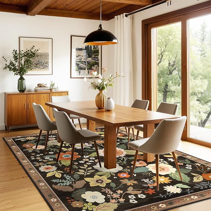 RELEANY Floral Washable 6x9 Area Rugs Black/Yellow | Flower Carpet Print Boho - Image 8