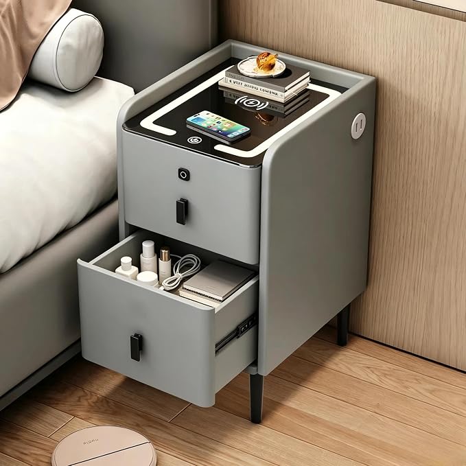 Smart Nightstand with Fingerprint Lock Drawers, Wireless Charging Support by YLACMALS