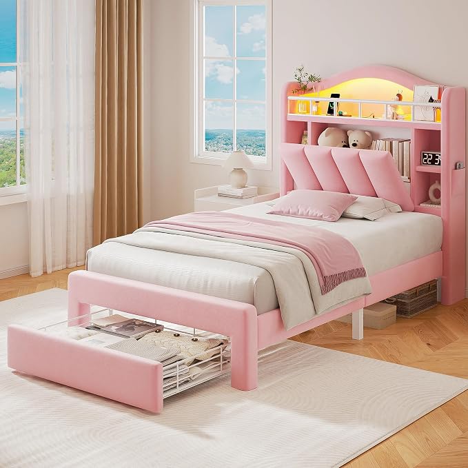 Twin LED Bed Frame with Storage Headboard & 2 Storage Drawers, Princess Velvet by JOCOEVOL