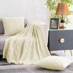 Homiest Cable Knit Throw Blanket & Pillow Set, Cream White Set of 3, Knitted - Image 3