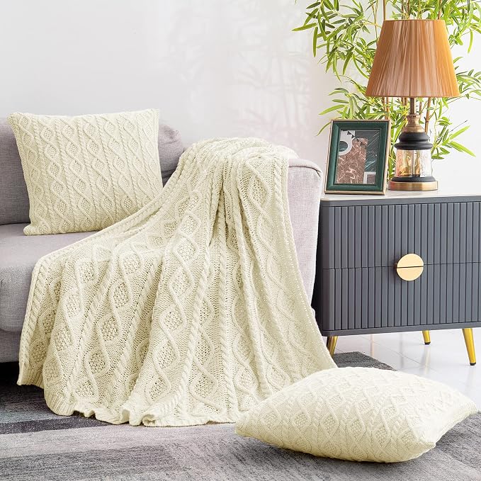 Homiest Cable Knit Throw Blanket & Pillow Set, Cream White Set of 3, Knitted - Image 3