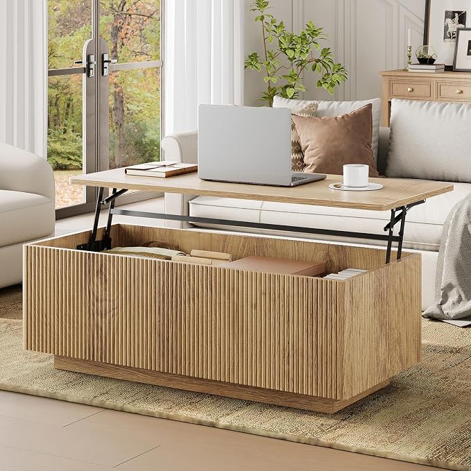 FABATO Mid Century Modern Coffee Table, Wooden Fluted Center Table by FABATO