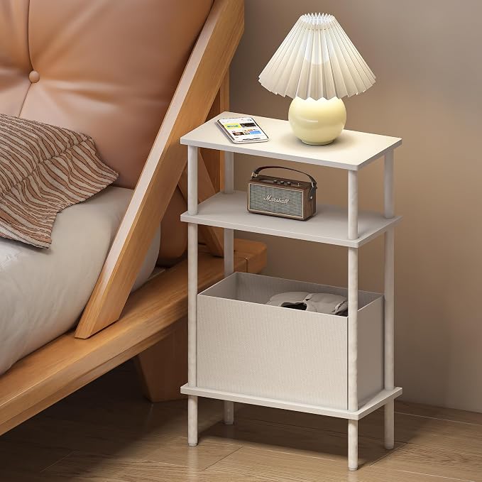 Narrow Side Table with Fabric Basket, Slim Nightstand with 3-Tier Storage Shelf - Image 6