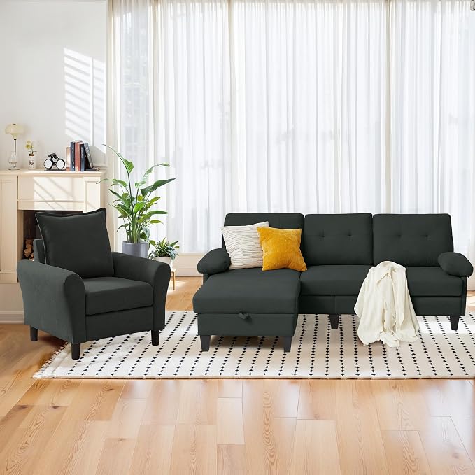 2PCS Sectional Sofa Set with Ottoman, Modern Linen 4 Seater Couch Set with Side - Image 9
