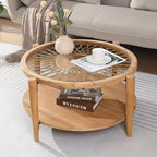 RUSTOWN Rattan Coffee Tables, 2-Tier Round Boho Cocktail Tables, Mid Century - Image 4