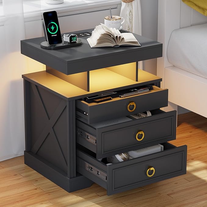 HNEBC Nightstand with Gun Drawers, LED Farmhouse Night Stand with Charging by HNEBC