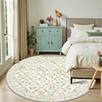 PLHXFR Round Area Rug Living Room: 8 ft Floral Washable Carpet Beige Multi | - Image 2