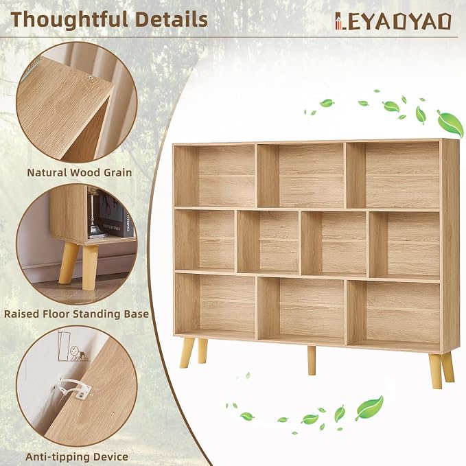 LEYAOYAO 10 Cube Bookshelf, 3 Tier Vintage 55" Wide Bookcase - Image 5