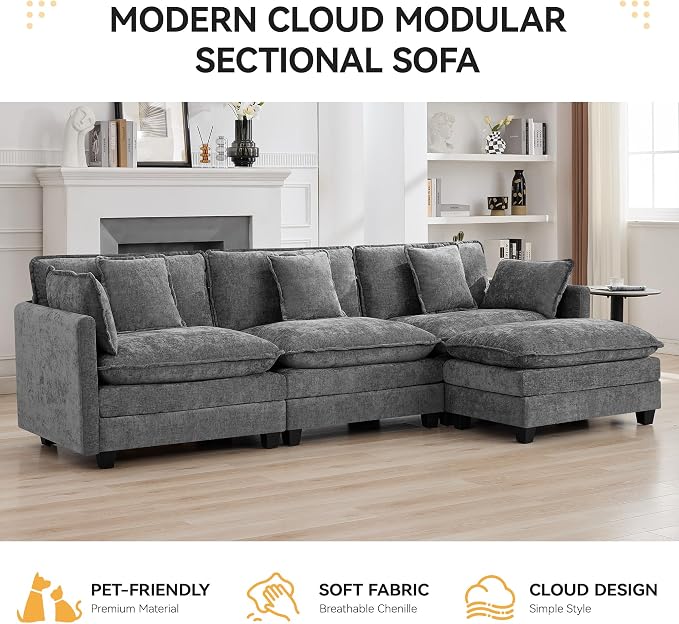 111'' Sectional Cloud Deep Seat Couch, Modern Comfy Chenille L Shaped Sectional - Image 7