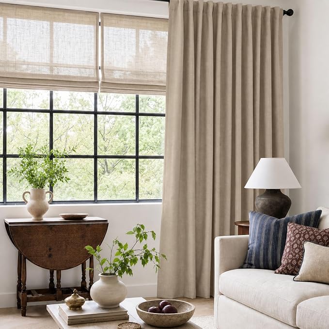 Linen Textured Blackout Sliding Door Curtains 84 Inch Long Burlywood Birch | - Image 6