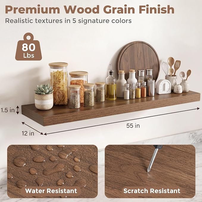 12 inch Deep Floating Shelves for Wall, 55 inch Wide Engineered Wood Wall - Image 3