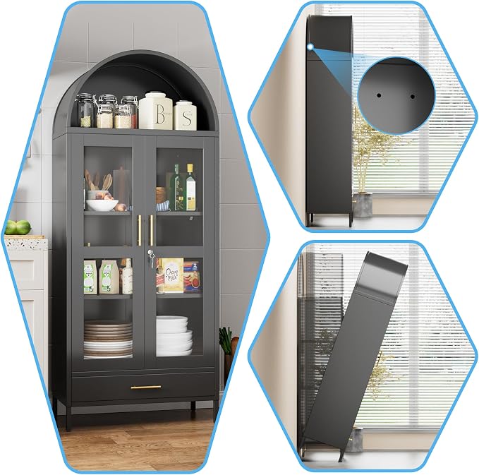 Arched Cabinet with Glass Doors, Modern Kitchen Pantry Cabinet with 2 - Image 8