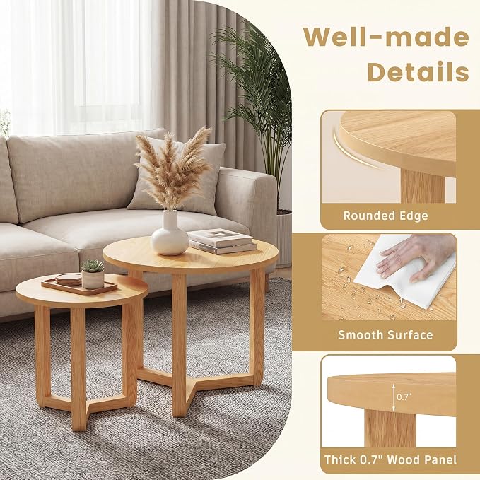 Tangkula Round Nesting Coffee Table Set of 2, Farmhouse End Tables - Image 7