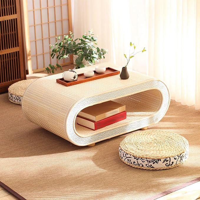Japanese Floor Table, Curved Wooden Woven Tatami Table, Double Layer Storage - Image 2