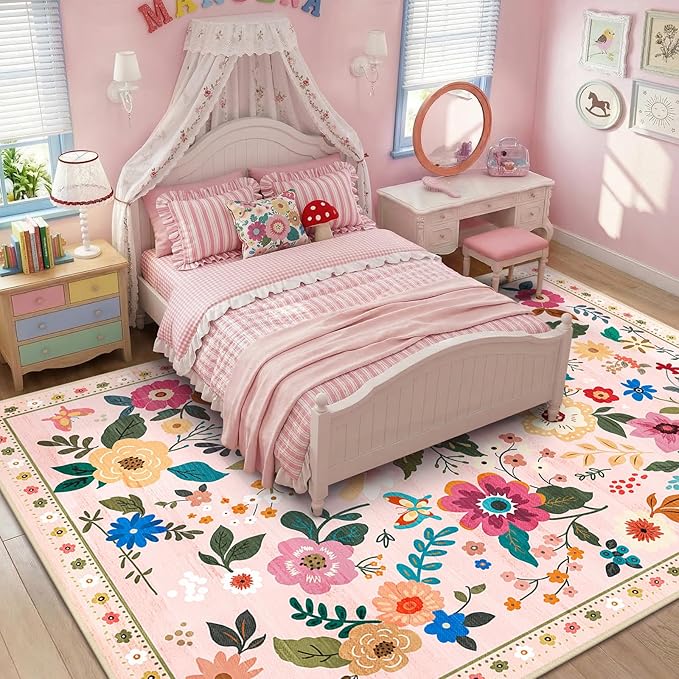 RELEANY Floral Washable 8x10 Area Rugs Pink | Flower Carpet Print Boho Cute Non - Image 2