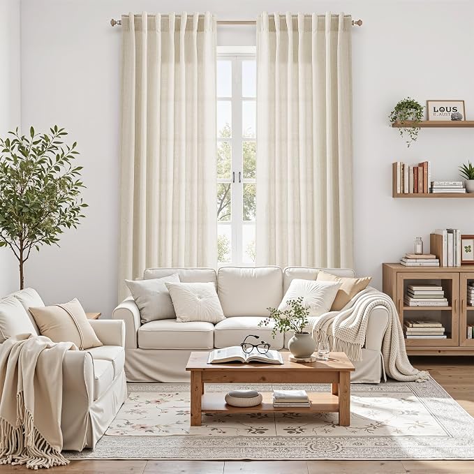102 Inch Long Curtains for Living Room Birch Beige Linen Light Filtering Semi - Image 6