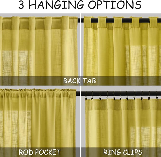 Celery Yellow Linen Curtains 84 Inch Length 2 Panels Set - Image 2