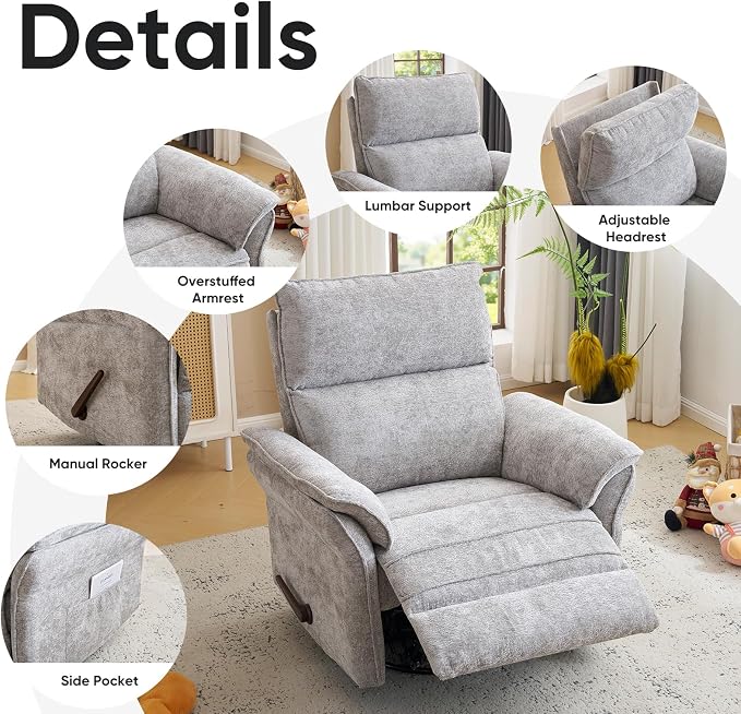 Rocking Chair Nursery with Adjustable Headrest, Manual Swivel Rocker Recliner - Image 7