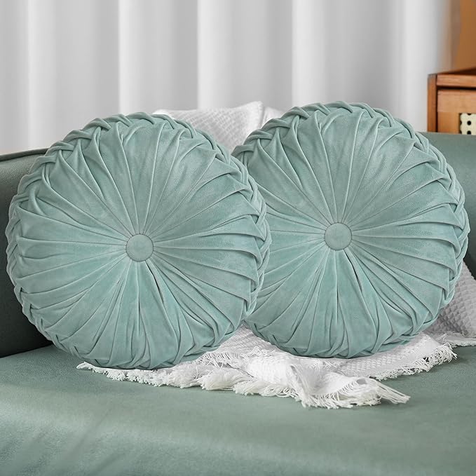 HIG Set of 2 Aqua Velvet Decorative Round Pleated Throw Pillows | Vintage Floor by HIG