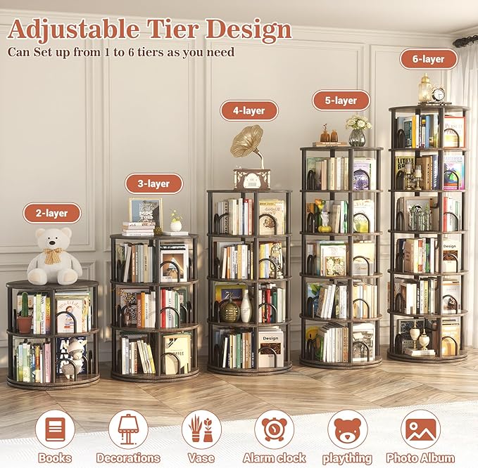 Aheaplus 6 Tier Rotating Bookshelf Tower, Revolving Bookcase, 360° Round - Image 5