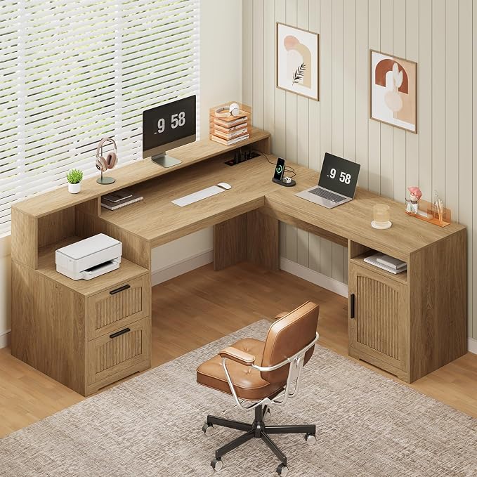 YOMILUVE 63" Farmhouse L Shaped Executive Desk by YomiluveDesign