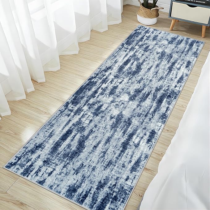 2'6''x8' Runner Rugs Washable Rug: Modern Abstract Hallway Blue Grey Carpet | - Image 2