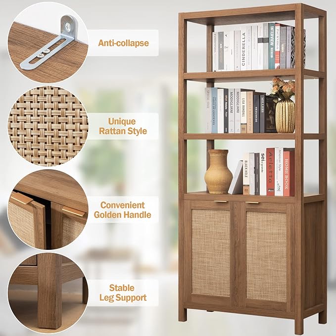SICOTAS Bookshelf 5 Tier Book Shelf Rattan Boho 71" Tall Bookcase - Image 5