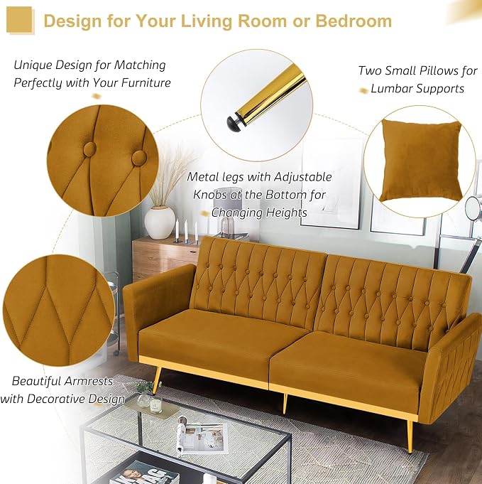 70” Velvet Futon Sofa Bed with 2 Pillows and Adjustable Armrests, Convertible - Image 6