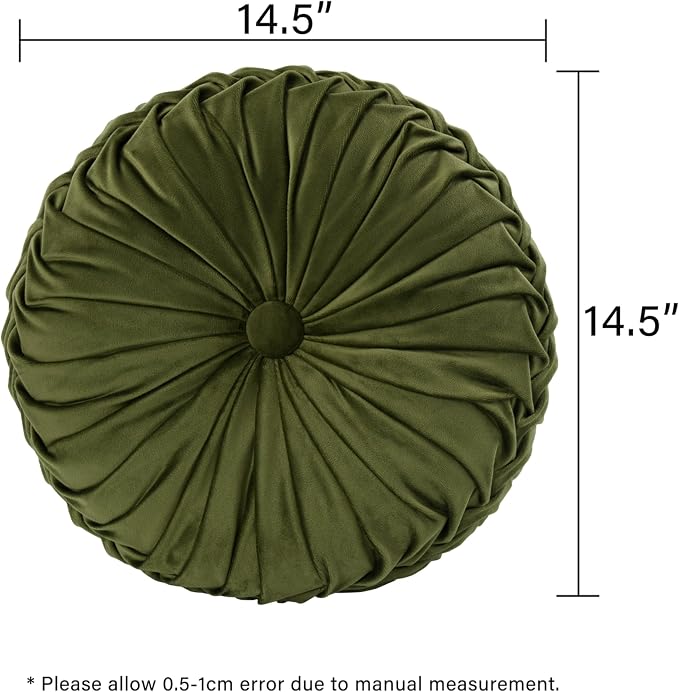 HIG Set of 2 Olive Velvet Decorative Round Pleated Throw Pillows | Vintage - Image 4