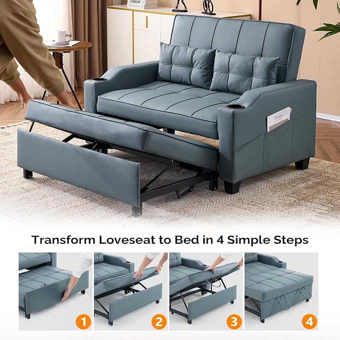 VINGLI Blue Grey Futon Sofa Bed Convertible Loveseat Sleeper Couch, Faux - Image 5