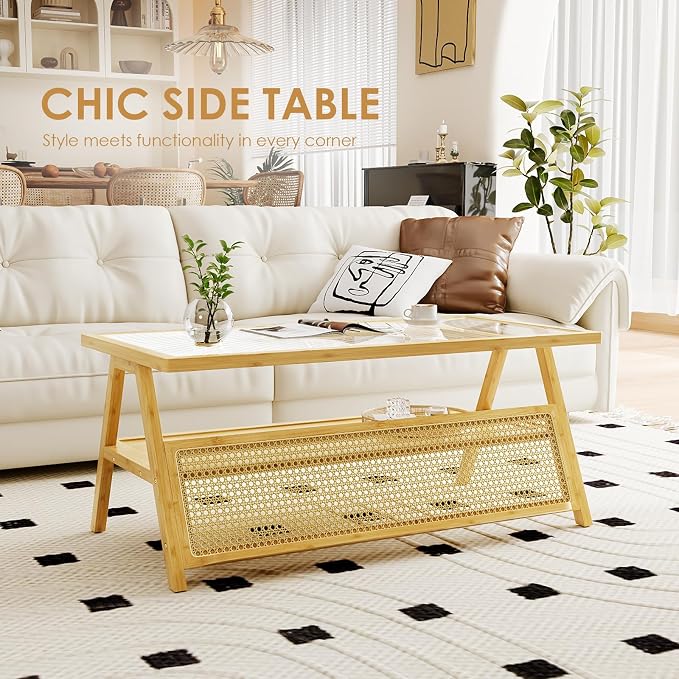 Bamworld Coffee Table with Storage Mid-Century Modern Coffee Table Boho - Image 5