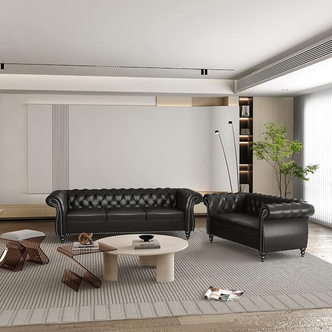 ORRD 2 Pieces Living Room Set, Chesterfield Leather Sofa Loveseat Couch - Image 3