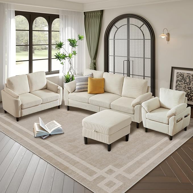 4 Piece Modern Corduroy Sofa Set, L-Shaped Sectional Couch - Image 4