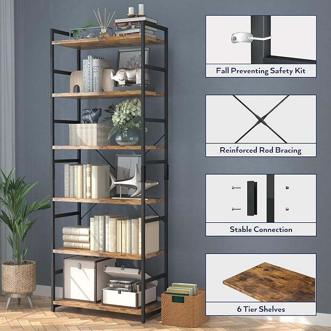 NUMENN 6 Tier Bookshelf, Tall Bookcase Shelf Storage Organizer, Modern Book - Image 6