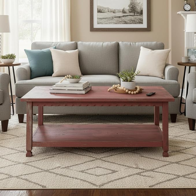 Rustic Rectangluar Coffee Table w/ 1 Shelf, Distressed Finish, Farmhouse Style - Image 6