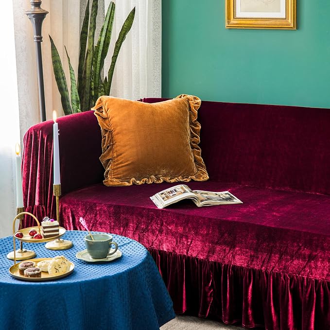 GLORY SEASON Velvet Sofa Cover Soft Decorative Luxurious Solid Exquisite Ruffle - Image 2